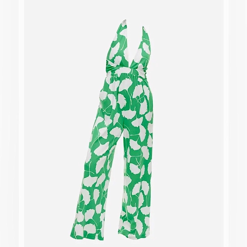 Diane Von Furstenberg Jumpsuit Romper Green Gingko Designer Halter Jumpsuit NWT